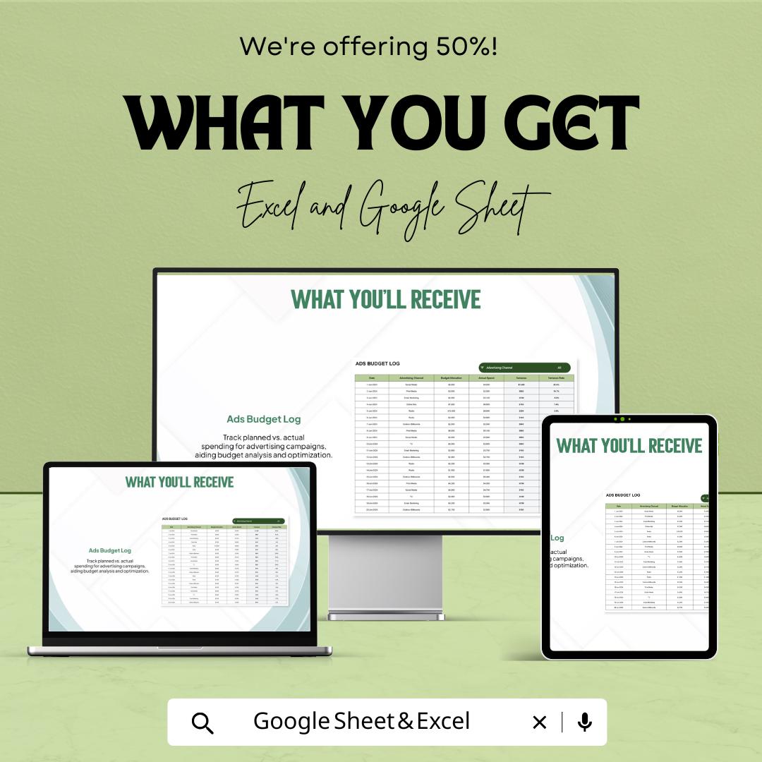 Advertising Budget vs Actual Spend Analysis Tool Template | Google Sheets | Marketing Budget Tracker | Ad Spend Analysis Spreadsheet |