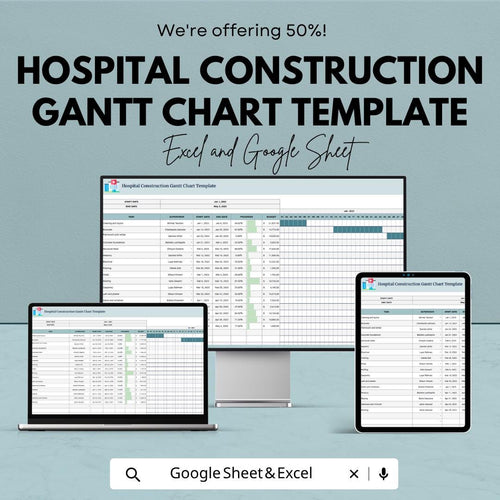 Hospital Construction Gantt Chart Template | Construction Project Timeline Spreadsheet | Excel & Google Sheets | Project Management Planner