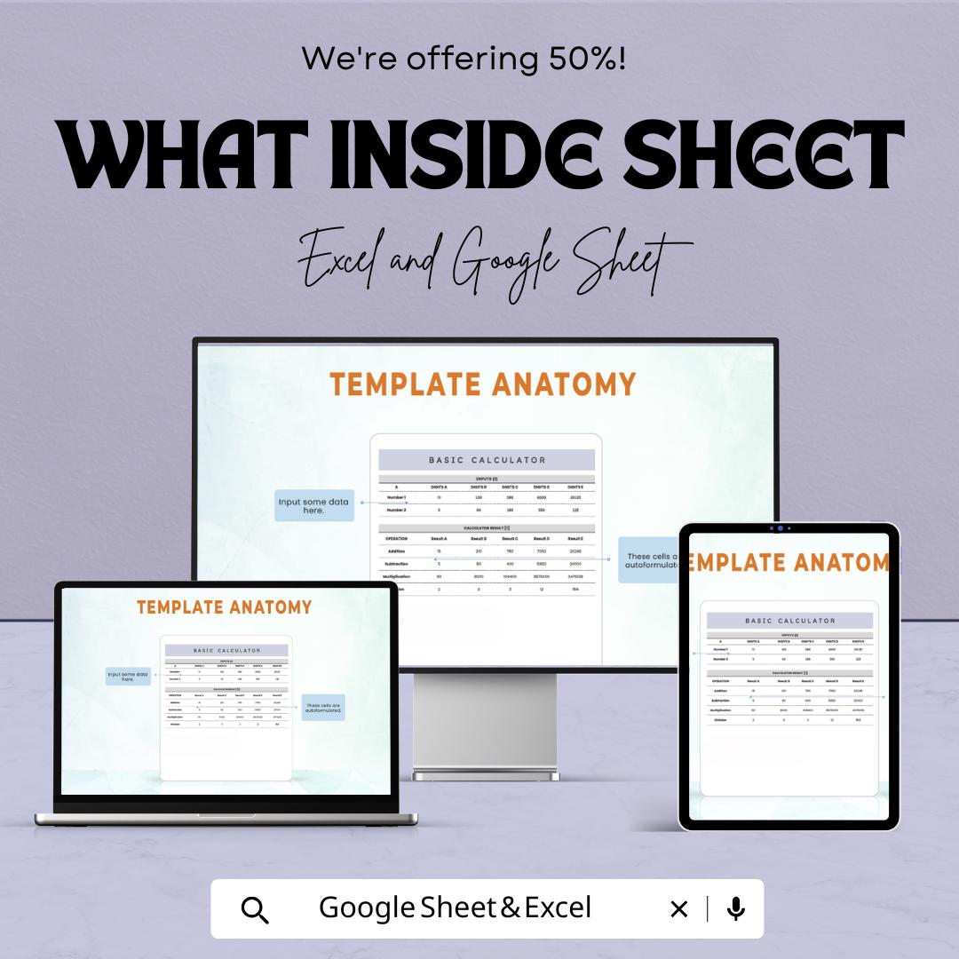 Basic Calculator Sheet for Excel and Google Sheets | Financial & Math Calculation Template | Instant Download