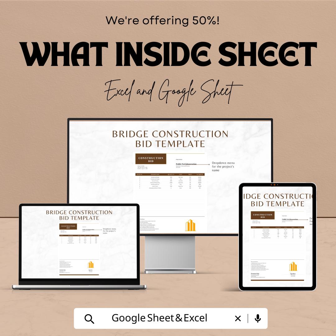 Bridge Construction Bid Template | Construction Bid Spreadsheet | Contractor Bid Proposal Template | Project Cost Estimator