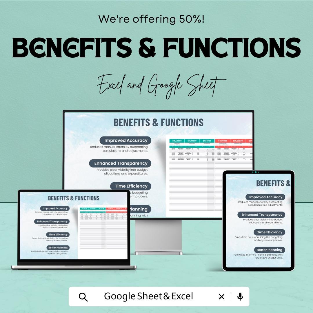 Account Budget Entry & Adjustment Sheet | Automated Calculations | Real-Time Budget Tracking | Financial Planner Spreadsheet