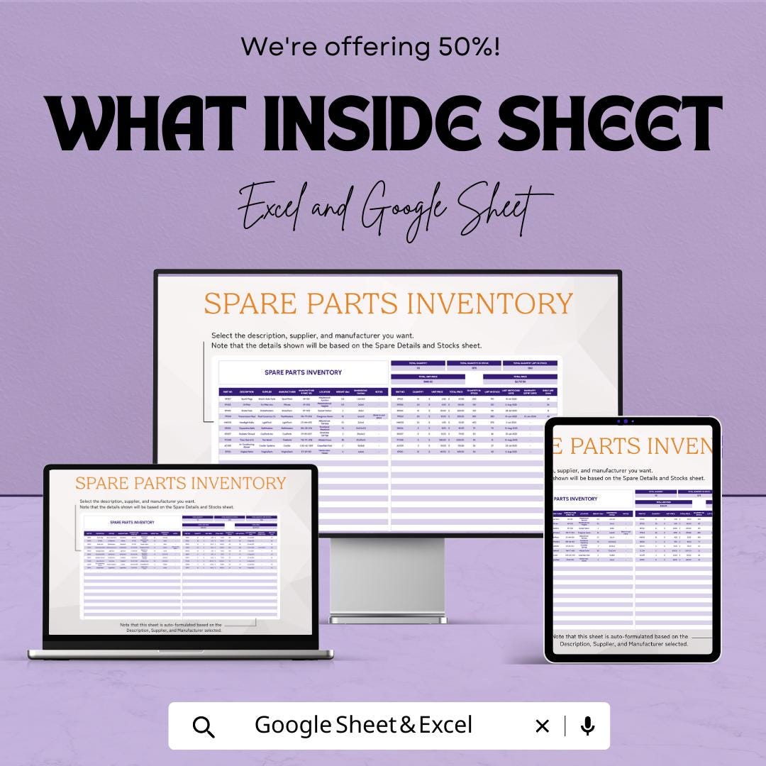 Spare Parts Inventory Template Excel & Google Sheets | Parts Inventory Tracker | Maintenance Stock Spreadsheet | Equipment Parts Log