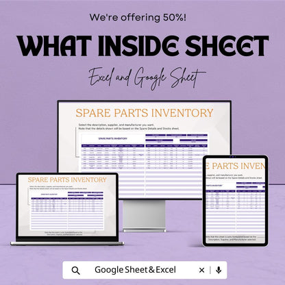 Spare Parts Inventory Template Excel & Google Sheets | Parts Inventory Tracker | Maintenance Stock Spreadsheet | Equipment Parts Log