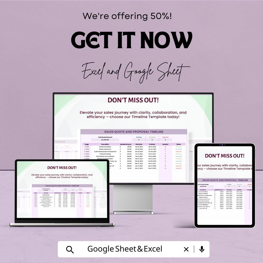 Sales Quote & Proposal Timeline Sheet | Google Sheets Template | Track Quotes, Proposals and Milestones | Customizable Project Management