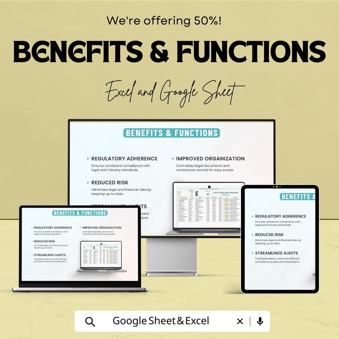 Operations Legal Compliance Registry Template, Legal Compliance Tracker, Regulatory Checklist, Audit Log, Business Compliance Sheet