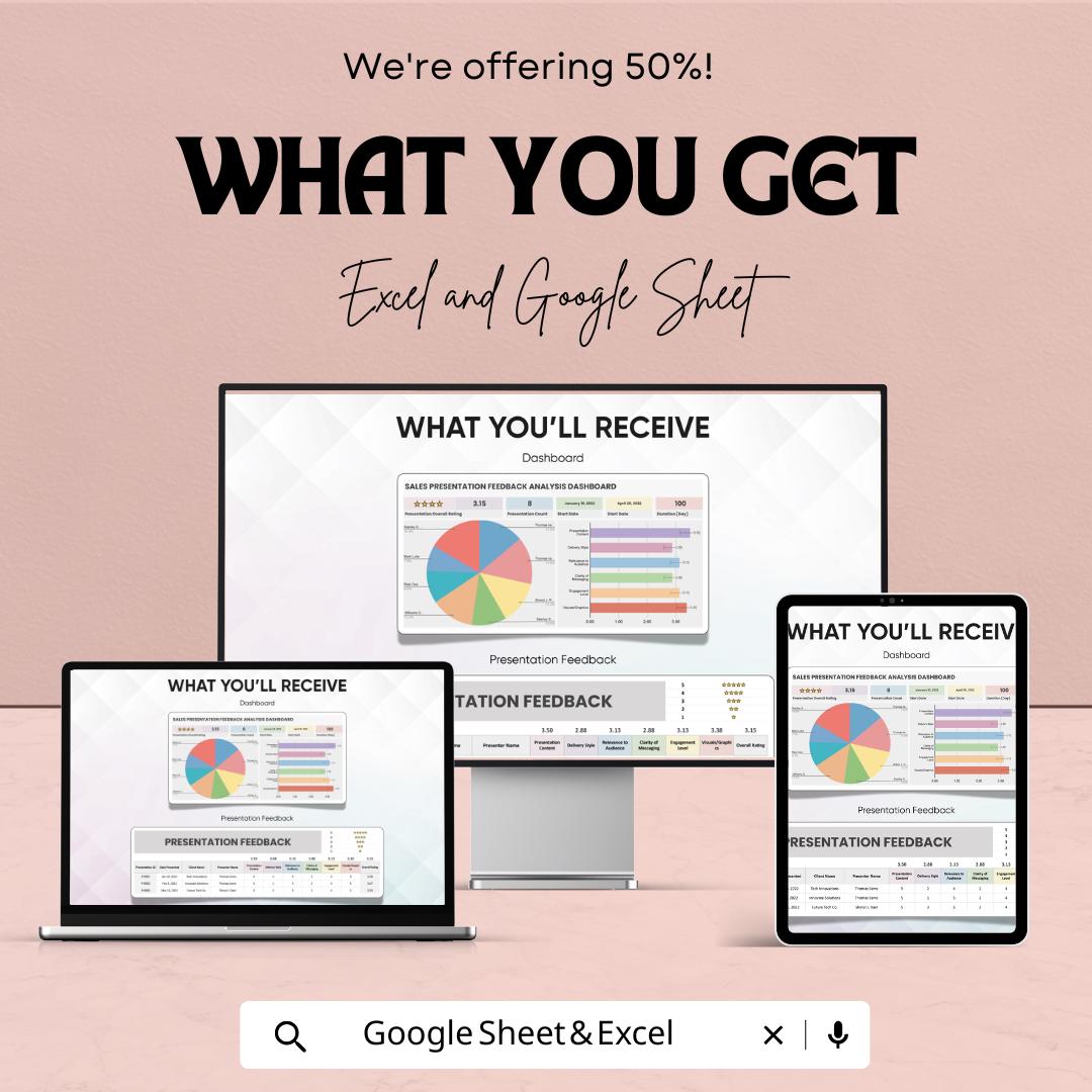 Sales Presentation Feedback Analysis Dashboard | Google Sheets & Excel Template | Performance Review Tracker | Sales Metrics Dashboard |
