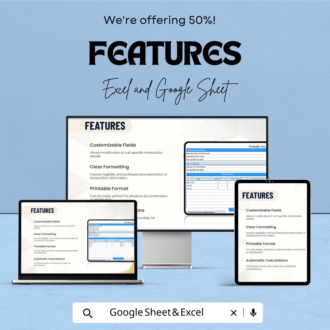 Printable Bill Template - Excel and Google Sheets, Customizable Invoice Bill, Professional Billing Sheet, Tax & Quantity Tracker