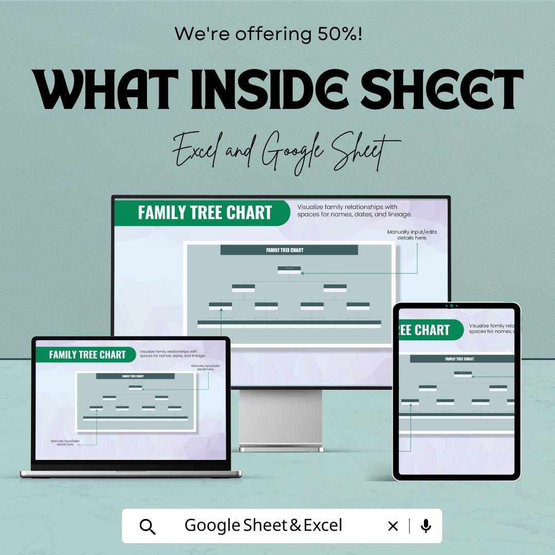 Family Tree Chart Sheet - Excel & Google Sheet Template | Visualize Family Lineage | Genealogy Organizer | Family History Template |