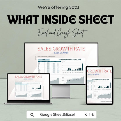 Sales Growth Rate Calculator Sheet | Excel and Google Sheets Template | Monthly & Yearly Sales Tracking | 50% OFF