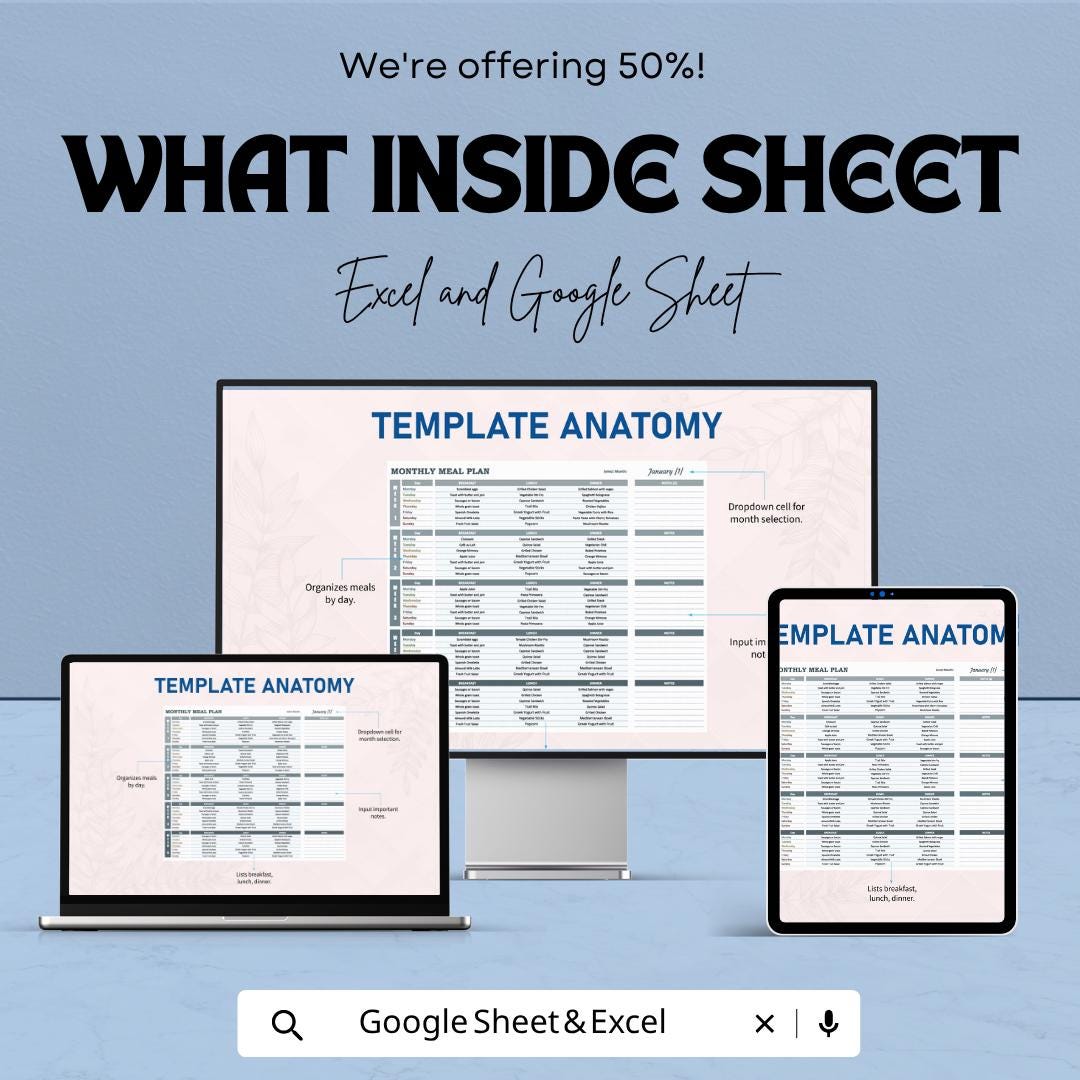 Monthly Meal Plan Template | Meal Planner Spreadsheet | Weekly Meal Prep Planner | Nutrition Planner Template