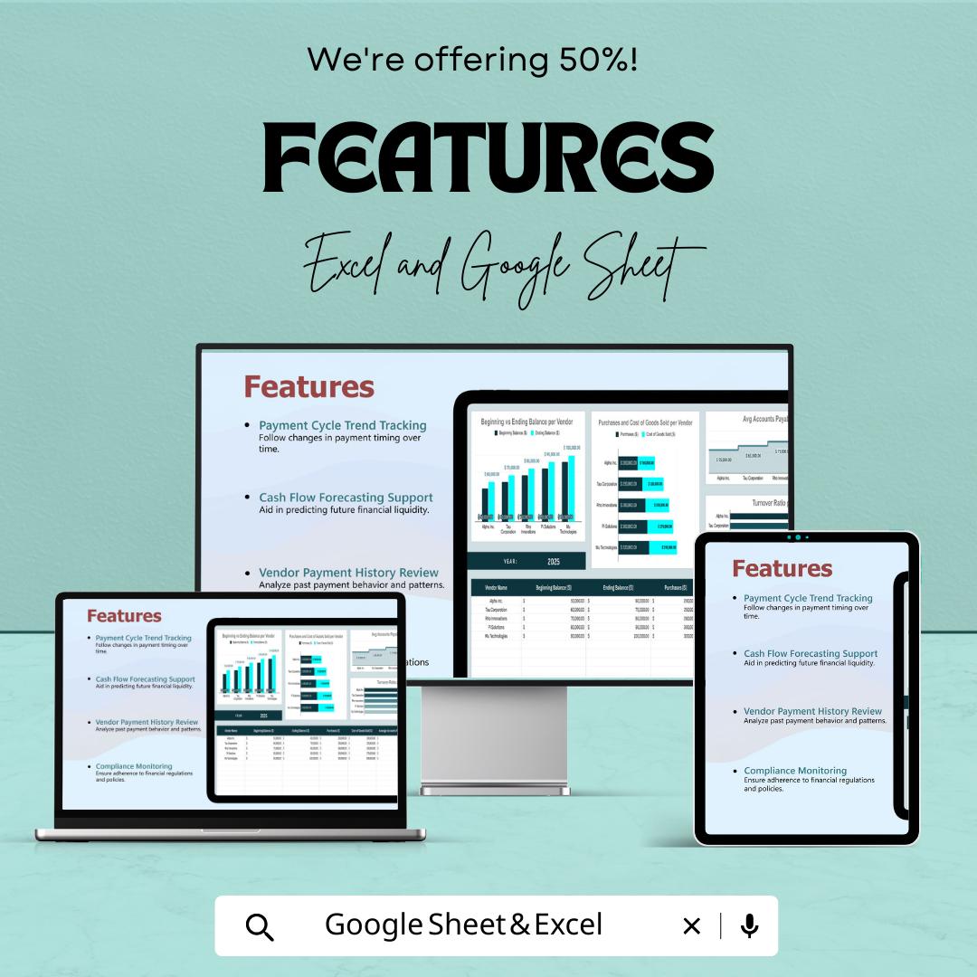 Finance Accounts Payable Turnover Analysis Template | AP Turnover Ratio Dashboard | Accounts Payable Analysis | Excel & Google Sheets