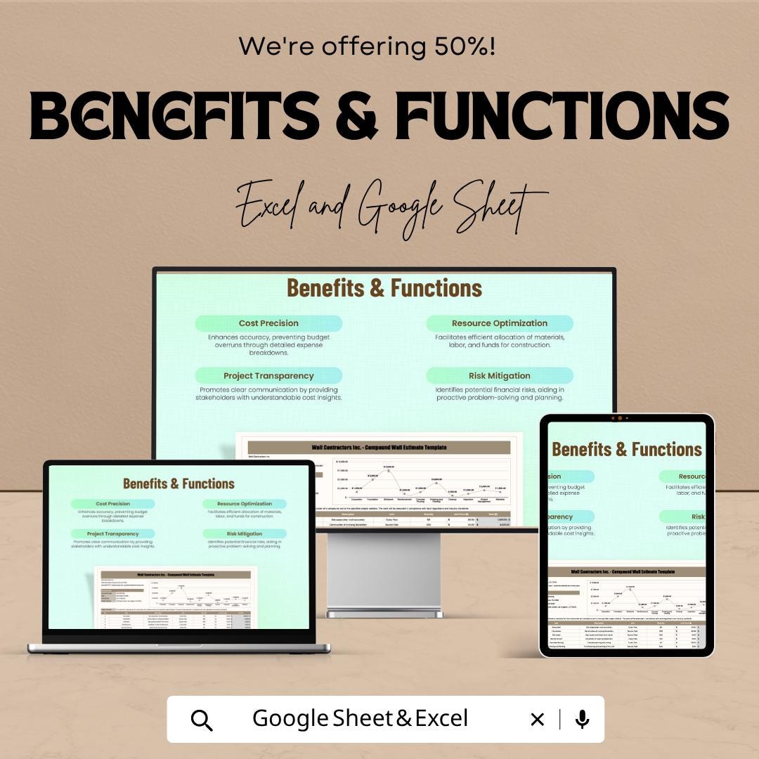 Compound Wall Estimate Template | Construction Cost Estimate Spreadsheet | Contractor Quote Template | Excel & Google Sheets Builder Tool