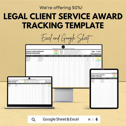 Legal Client Service Award Tracking Template, Law Firm Recognition Tracker, Attorney Performance Sheet, Excel Google Sheets Legal Dashboard