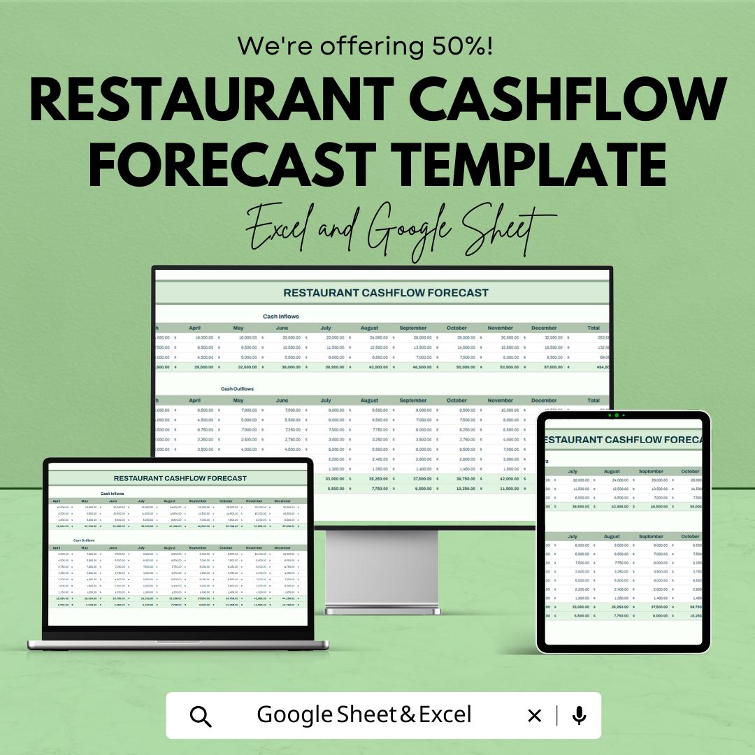 Restaurant Cash Flow Forecast Template , Restaurant Financial Planner, Food Business Budget Tracker, Restaurant Expense and Revenue sheet