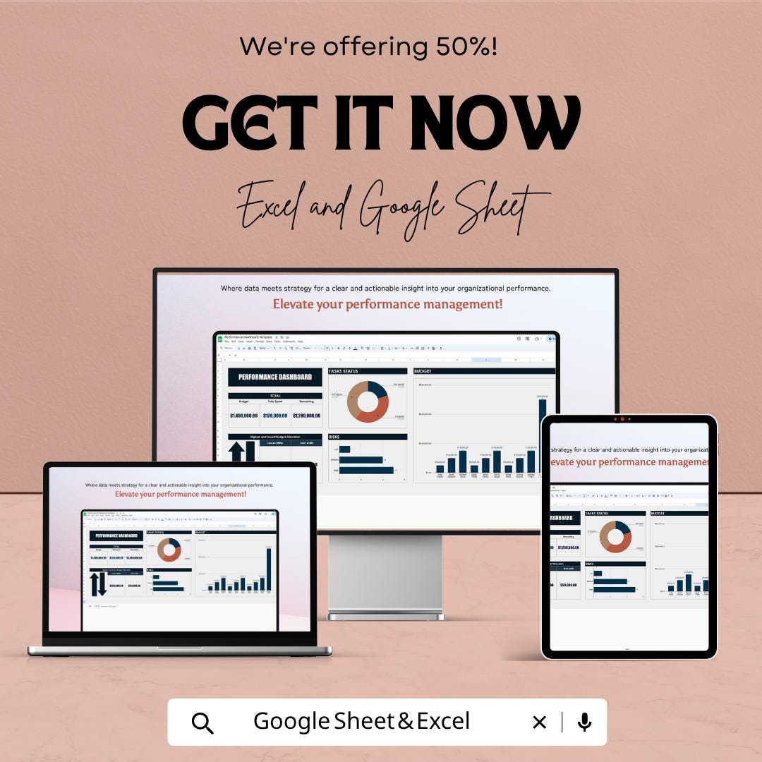 Performance Dashboard Template | KPI Dashboard Spreadsheet | Business Performance Tracker | Data Analysis Dashboard