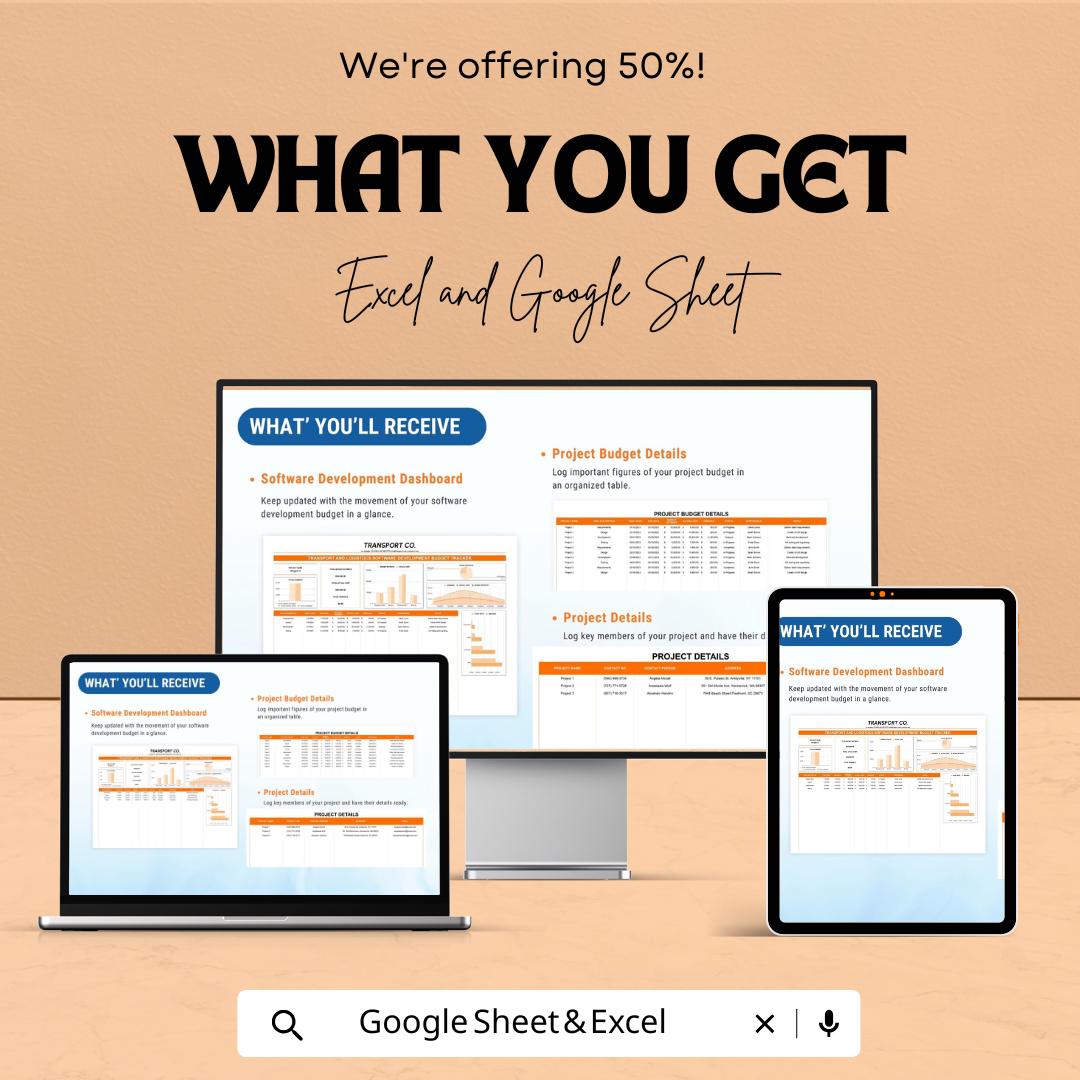 Transport & Logistics Software Development Budget Tracker | IT Project Cost Template | Excel and Google Sheets