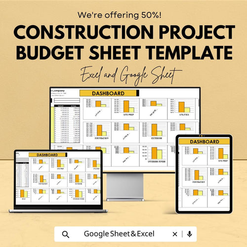 Construction Project Budget Sheet Template | Construction Budget Tracker | Budget Dashboard | Contractor Cost Estimator