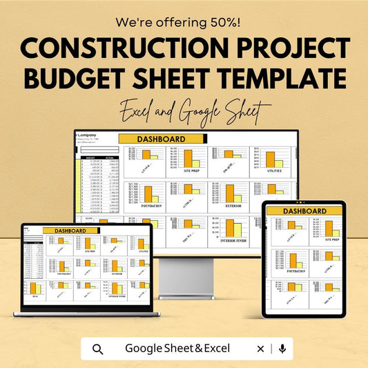 Construction Project Budget Sheet Template | Construction Budget Tracker | Budget Dashboard | Contractor Cost Estimator