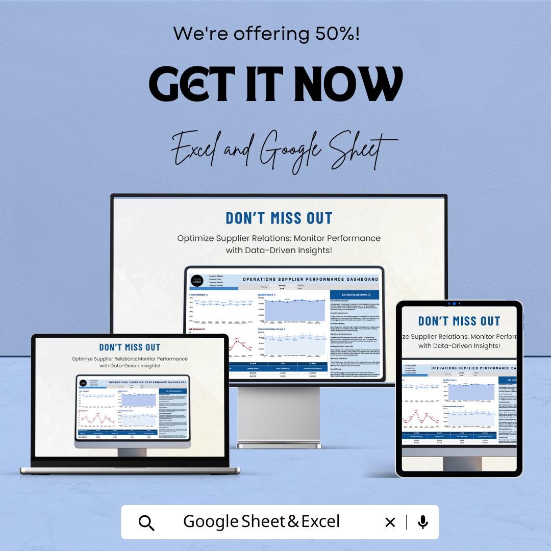 Operations Supplier Performance Dashboard Template | Supplier KPI Tracker | Vendor Management Metrics | Performance Analysis Sheet