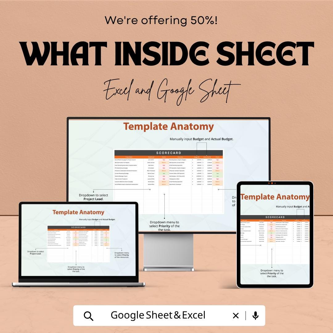 Simple Scorecard Template | KPI Tracker Spreadsheet | Performance Dashboard | Excel & Google Sheets Template | Business Metrics Scorecard