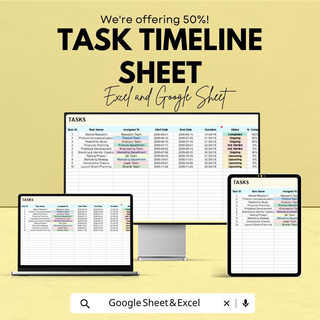 Task Timeline Sheet Template for Excel and Google Sheets | Track Project Deadlines & Milestones | Boost Productivity | 50% Off!