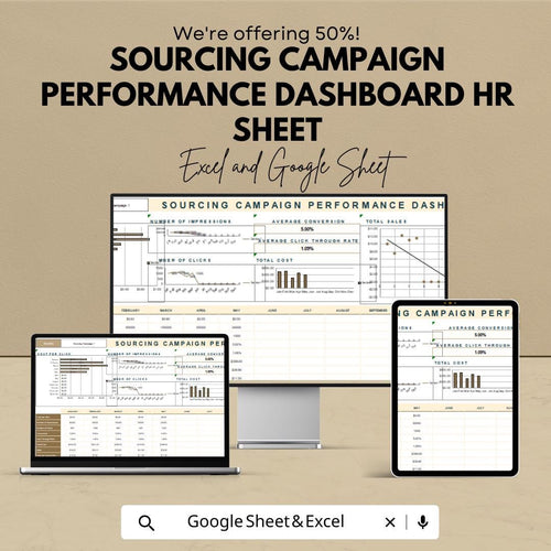 Sourcing Campaign Performance Dashboard HR Template | Excel and Google Sheets | Track Campaign Success with KPIs & Metrics