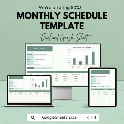 Monthly Schedule Template | Monthly Planner Spreadsheet | Project Planning Tracker | Excel & Google Sheets | Business Schedule Organizer