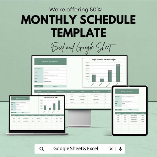 Monthly Schedule Template | Monthly Planner Spreadsheet | Project Planning Tracker | Excel & Google Sheets | Business Schedule Organizer