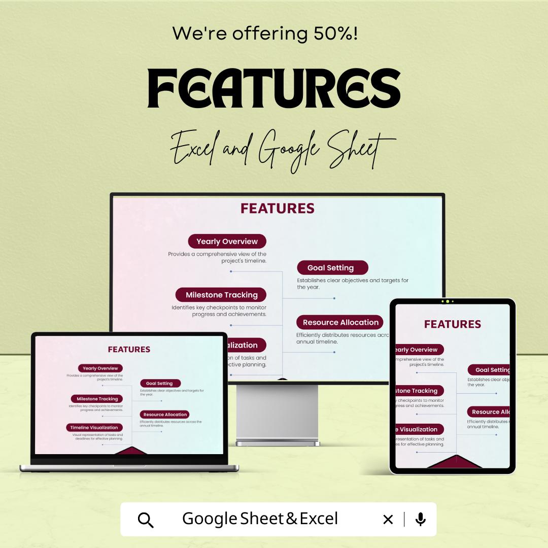 Annual Project Roadmap Sheet | Google Sheets Template | Project Planning, Goal Setting, Milestone Tracking, Timeline Visualization |