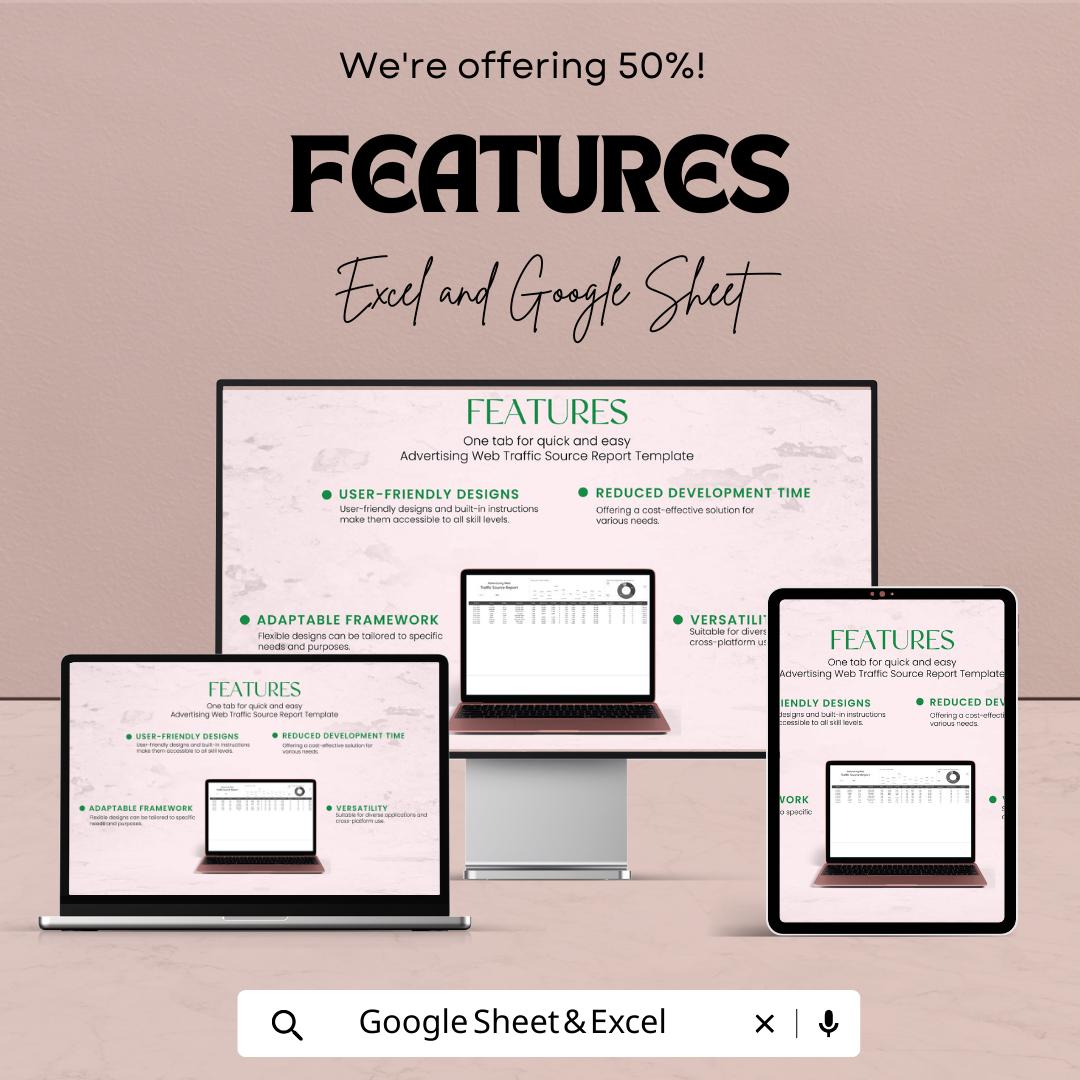 Advertising Web Traffic Source Report Template | Marketing Analytics Dashboard | Traffic Source Tracker | Excel and Google Sheets