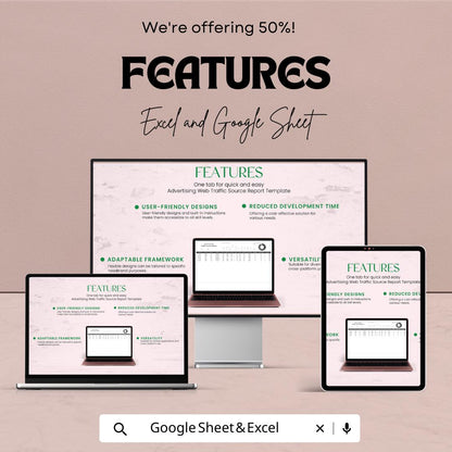 Advertising Web Traffic Source Report Template | Marketing Analytics Dashboard | Traffic Source Tracker | Excel and Google Sheets