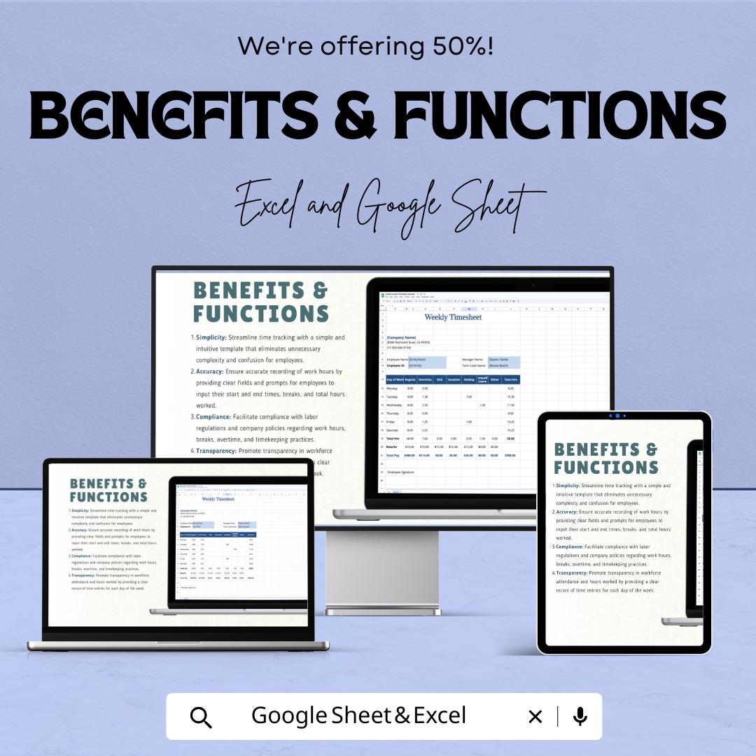 Simple Weekly Timesheet Template for Excel & Google Sheets | Track Work Hours | Instant Download | 50% Off