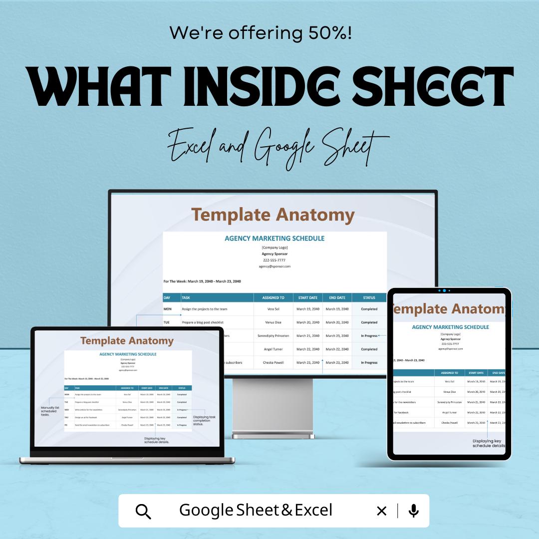 Agency Marketing Schedule Sheet | Google Sheets & Excel Template | Weekly Planner for Agencies, Task Tracker, Project Organizer