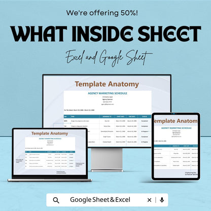 Agency Marketing Schedule Sheet | Google Sheets & Excel Template | Weekly Planner for Agencies, Task Tracker, Project Organizer