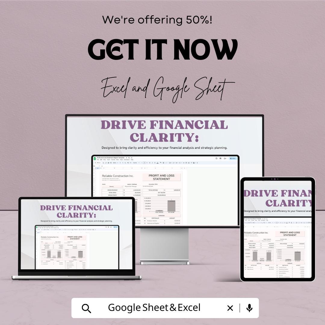 Profit and Loss Statement Report Sheet | Financial Tracking Template | Google Sheets | Expense & Revenue Tracker | Monthly Business Report