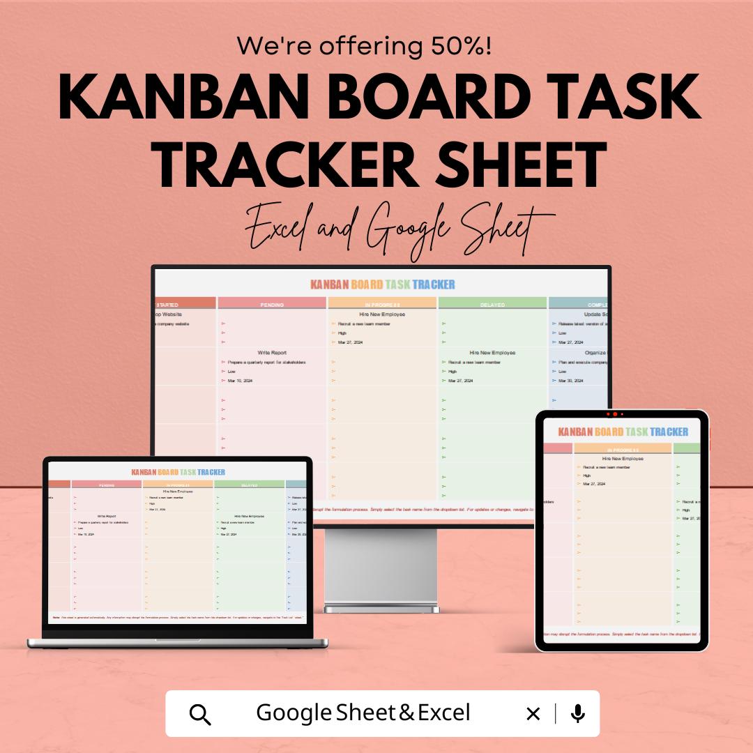Kanban Board Task Tracker Template - Excel & Google Sheets - Organize Your Workflow - Task Management System - 50% Off
