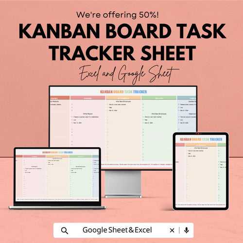 Kanban Board Task Tracker Template - Excel & Google Sheets - Organize Your Workflow - Task Management System - 50% Off