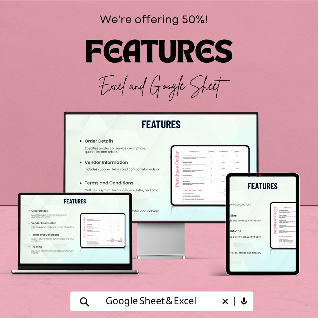 Proforma Purchase Order Template | Purchase Order Spreadsheet | Business Order Form Template | Excel & Google Sheets | Vendor Order Tracker