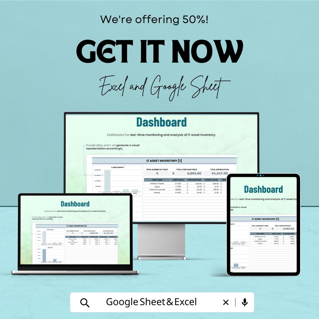 IT Asset Inventory Template  | IT Asset Tracker Spreadsheet | Hardware Inventory Log | IT Equipment Management | Asset Tracking Dashboard