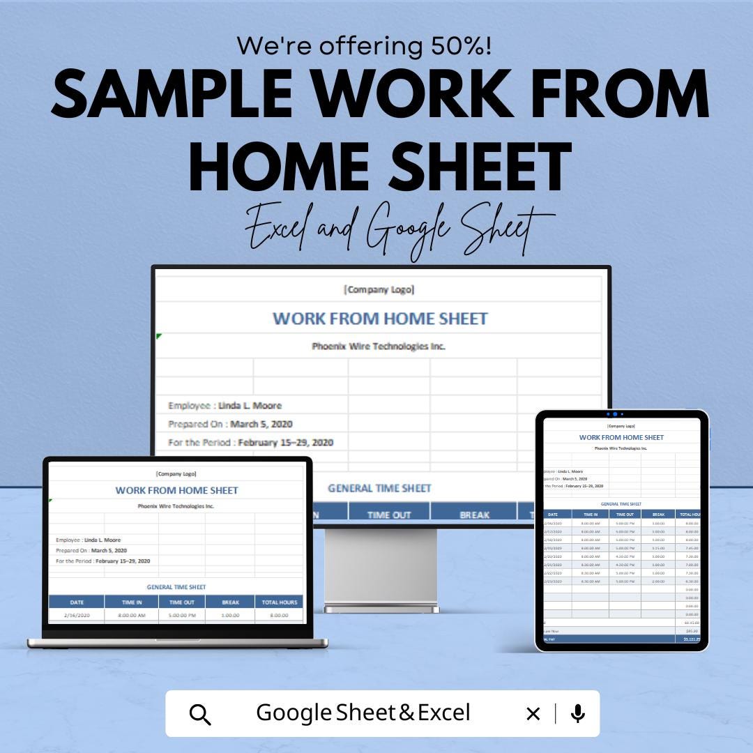 Sample Work From Home Sheet | Employee Time Tracker | Work Log Template for Excel & Google Sheets | Daily Log | Time Management