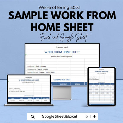 Sample Work From Home Sheet | Employee Time Tracker | Work Log Template for Excel & Google Sheets | Daily Log | Time Management