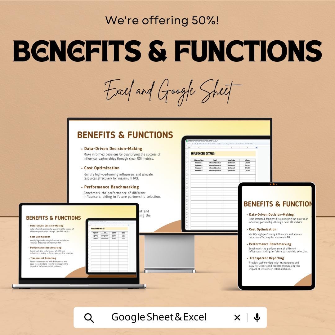 Influencer Partnership ROI Calculator Template | Marketing ROI Spreadsheet | Influencer Campaign Tracker | ROI & Performance Metrics Tool