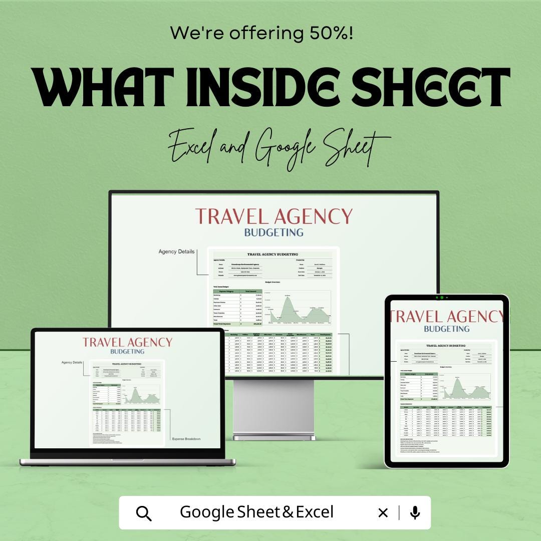 Travel Agency Budget Template, Business Budget Spreadsheet, Expense Tracker, Google Sheets & Excel, Small Business Finance Planner