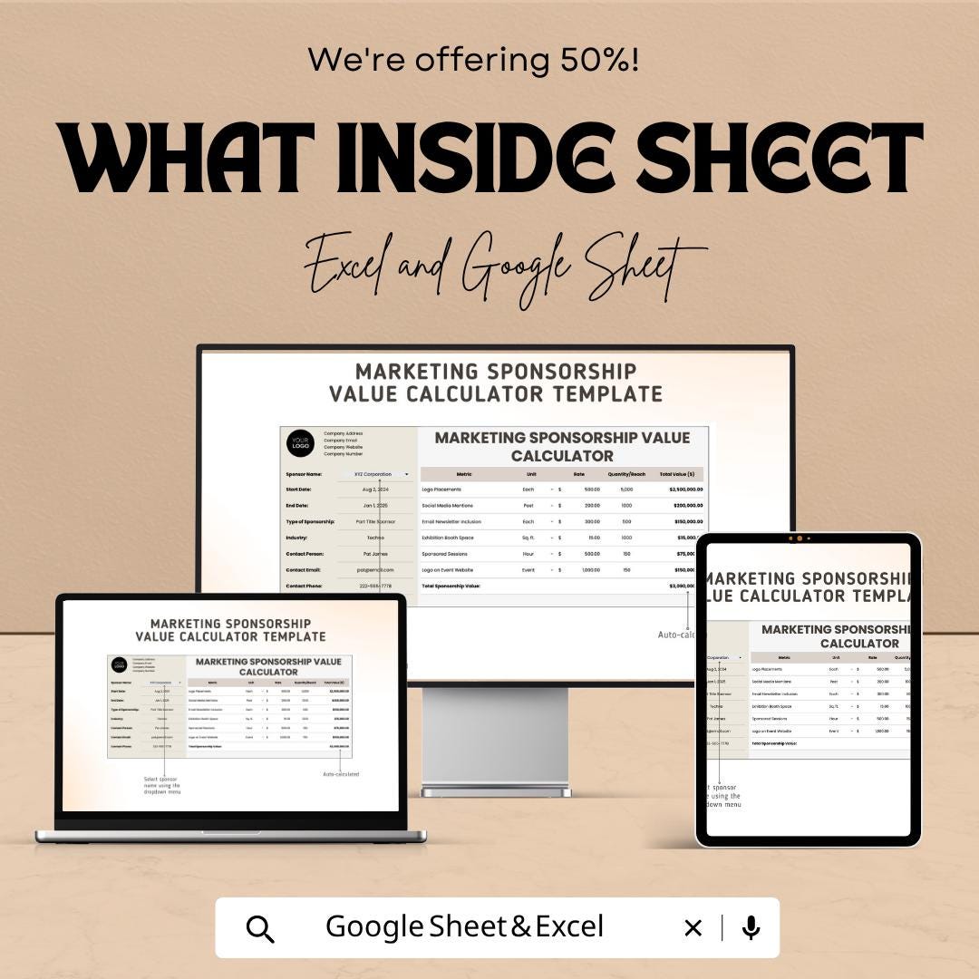 Marketing Sponsorship Value Calculator Template | Sponsorship ROI Calculator | Event Sponsorship Tracker | Marketing Analytics Sheet
