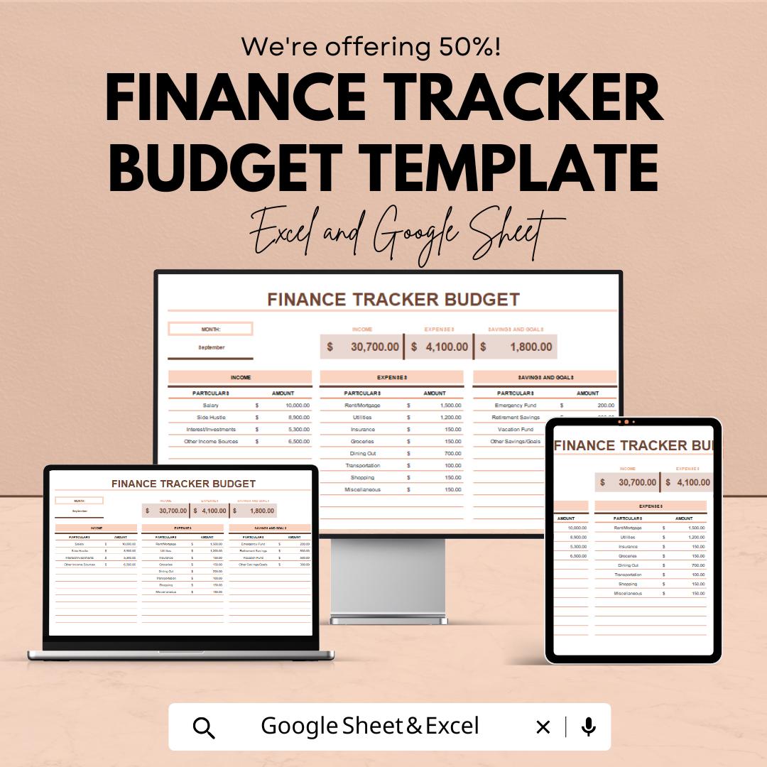 Finance Tracker Budget Template | Monthly Budget Planner Spreadsheet | Income Expense Tracker | Personal Finance Organizer