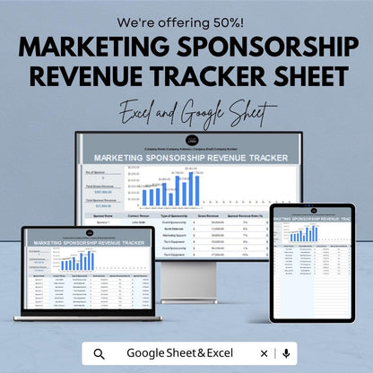 Marketing Sponsorship Revenue Tracker Sheet | Excel and Google Sheets | Budget & ROI Dashboard