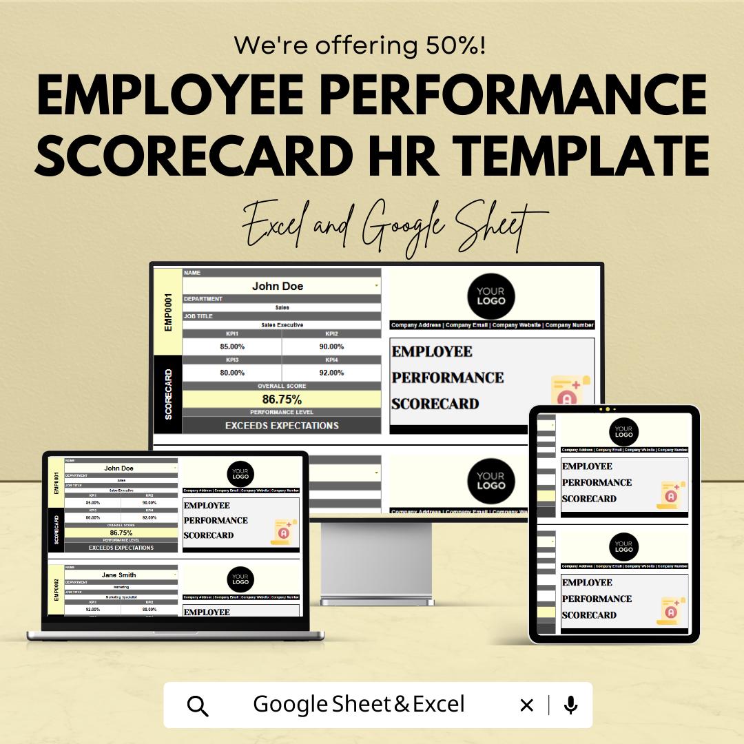 Employee Performance Scorecard HR Template | Staff Appraisal Form | Performance Review Dashboard | Editable HR Tracker