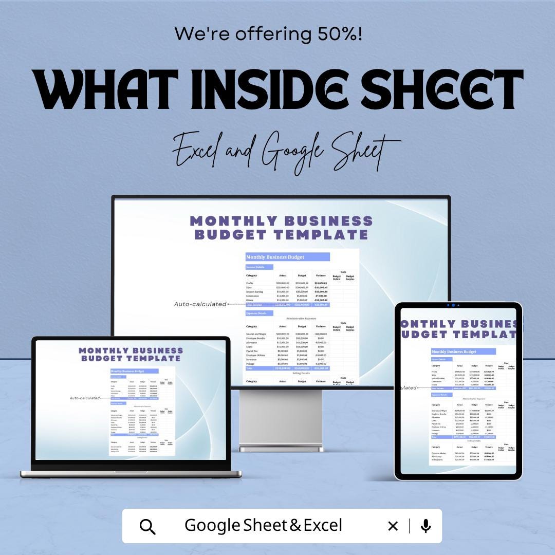 Monthly Business Budget Template | Business Budget Spreadsheet | Monthly Expense Tracker | Financial Planning Template