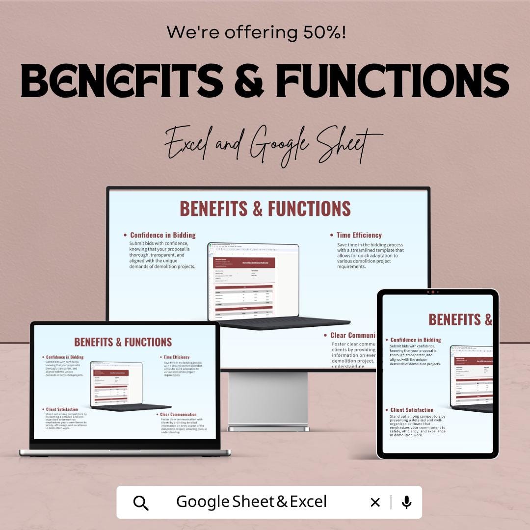 Demolition Estimate Template Excel | Contractor Estimate Spreadsheet | Construction Quote Template | Google Sheets Invoice | Project Cost