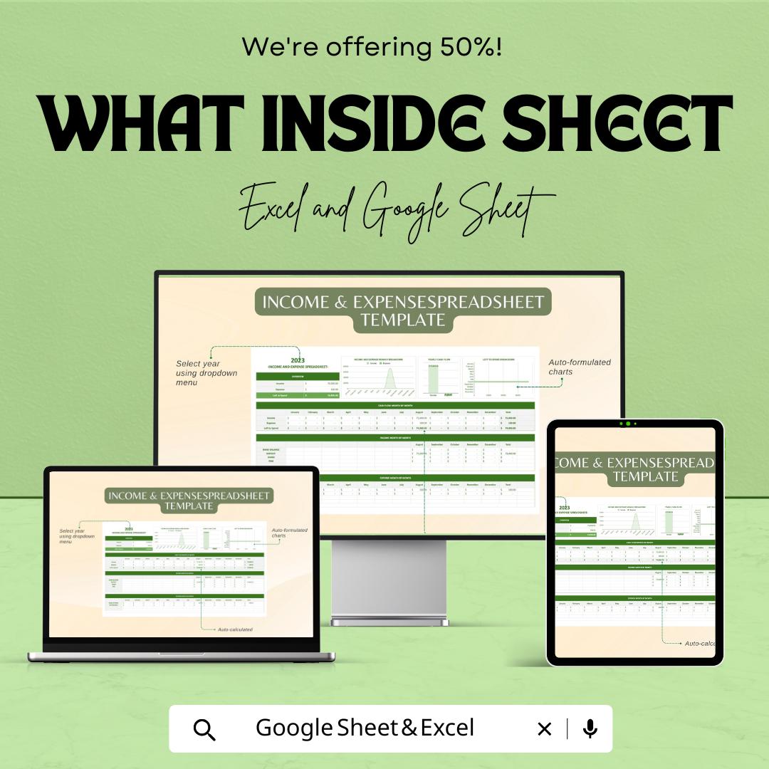 Income and Expense Spreadsheet | Excel & Google Sheet Template for Financial Management | 50% Off Now